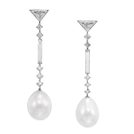 Appraisal: Pair of Art Deco Platinum Diamond and Natural Pearl Pendant-Earclips