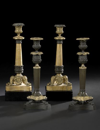 Appraisal: Pair of Louis-Philippe Bronze-Patinated and Parcel-Gilt-Brass Tripodal Candlesticks of columnar