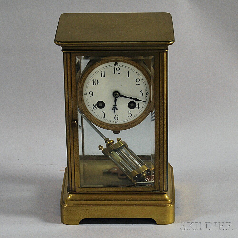 Appraisal: French Brass and Glass Mantel Clock th century the brass