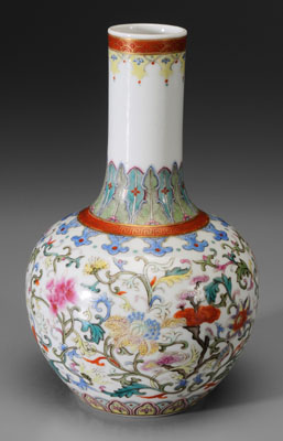 Appraisal: Chinese famille rose bottle vase stiff leaf and ruyi-head border