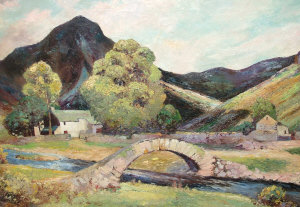 Appraisal: J Jenkinson Modern British School- An arched stone bridge with