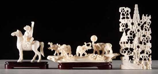 Appraisal: Three Chinese carved ivory figural groups Monkey mounted on horse