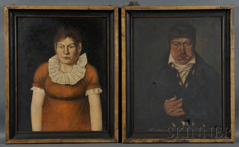 Appraisal: American School th Century Pair of Ancestral Husband and Wife