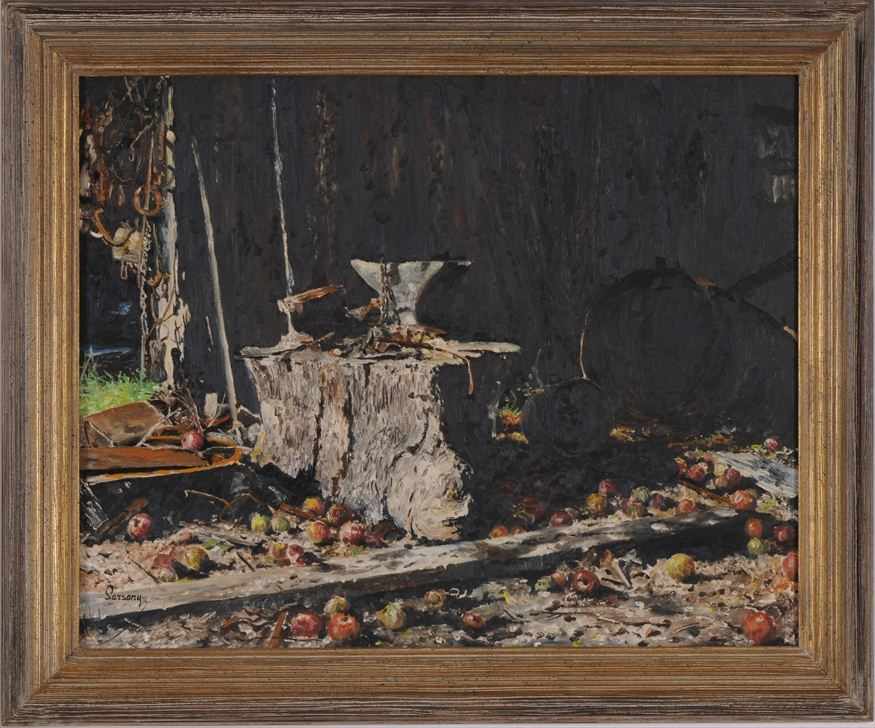 Appraisal: ROBERT SARSONY b ANVIL ON STUMP Oil on canvas x