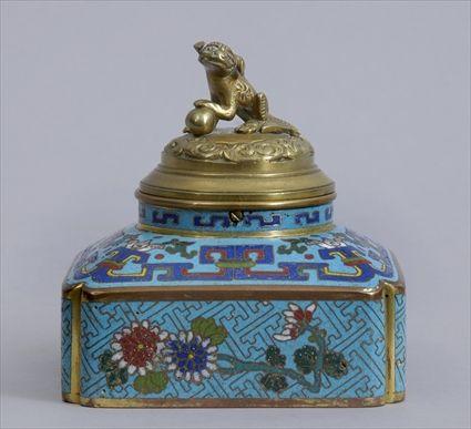 Appraisal: CHINESE CLOISONN -MOUNTED BRASS INKWELL Of block-form with notched corners