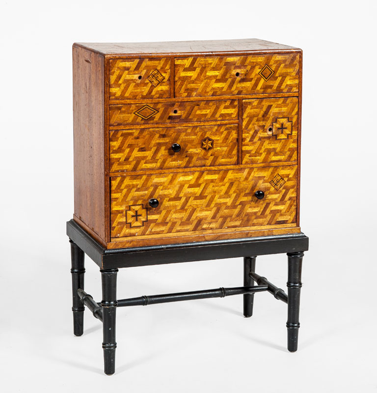 Appraisal: JAPANESE MAHOGANY FRUITWOOD AND EBONY PARQUETRY BOX ON LATER EBONIZED