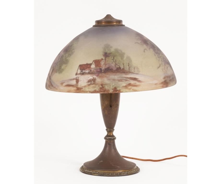 Appraisal: Slag glass table lamp circa with reverse painted glass shade