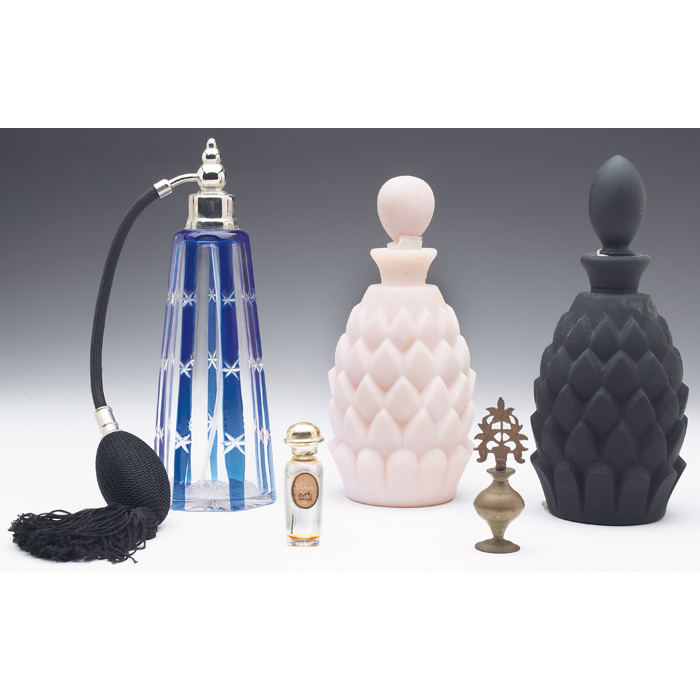 Appraisal: Art Glass perfume atomizer tall shape in blue cut to