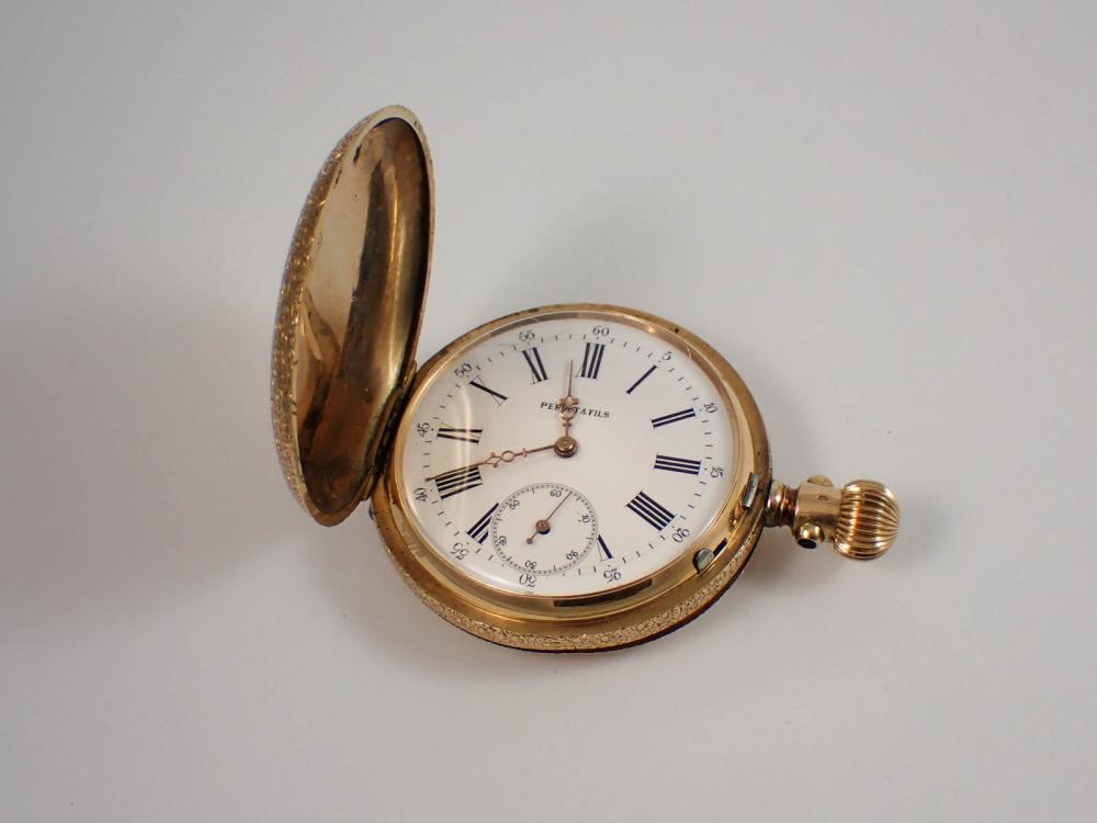 Appraisal: PERRET FILS KT GOLD HUNTER CASE POCKET WATCH Ancre rubis