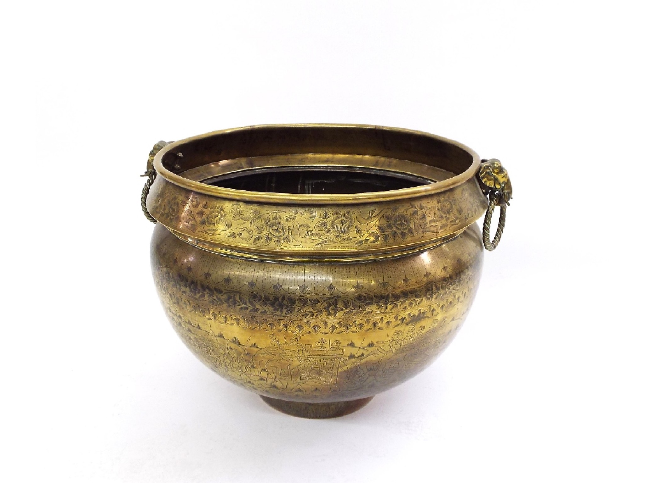 Appraisal: Large Indian decorative brass cauldron pot with twin lion head