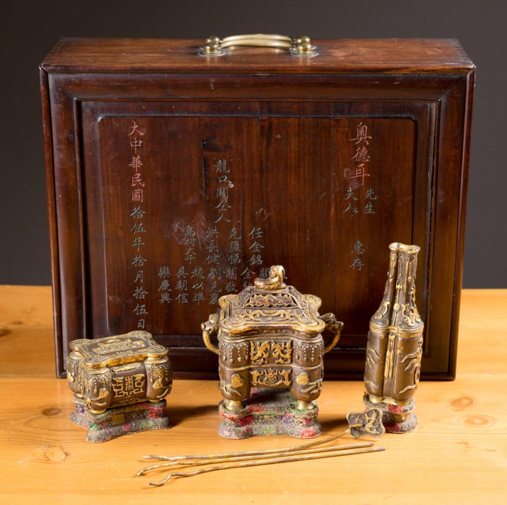 Appraisal: THREE-PIECE GILT BRONZE CENSER SET comprised of a footed censer