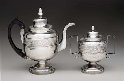 Appraisal: Silver coffee pot and matching covered sugar bowl chaudron and