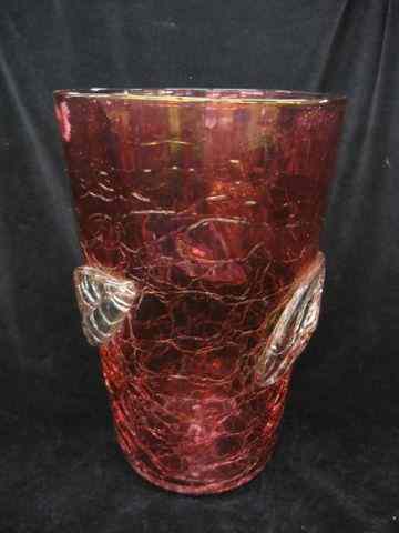 Appraisal: Cranberry Flashed Crackle Art Glass Vase applied leaf decor ''