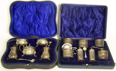 Appraisal: A cased cruet Birmingham comprising two open salts two pepperettes