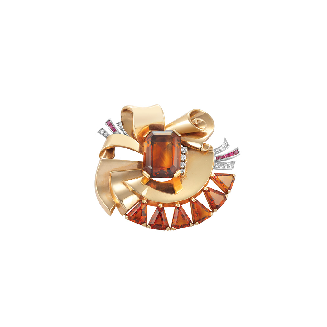 Appraisal: Gold Platinum Citrine Diamond and Ruby Clip The stylized bow