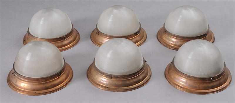 Appraisal: SET OF SIX COPPER AND PRESSED GLASS CEILING LIGHTS Each