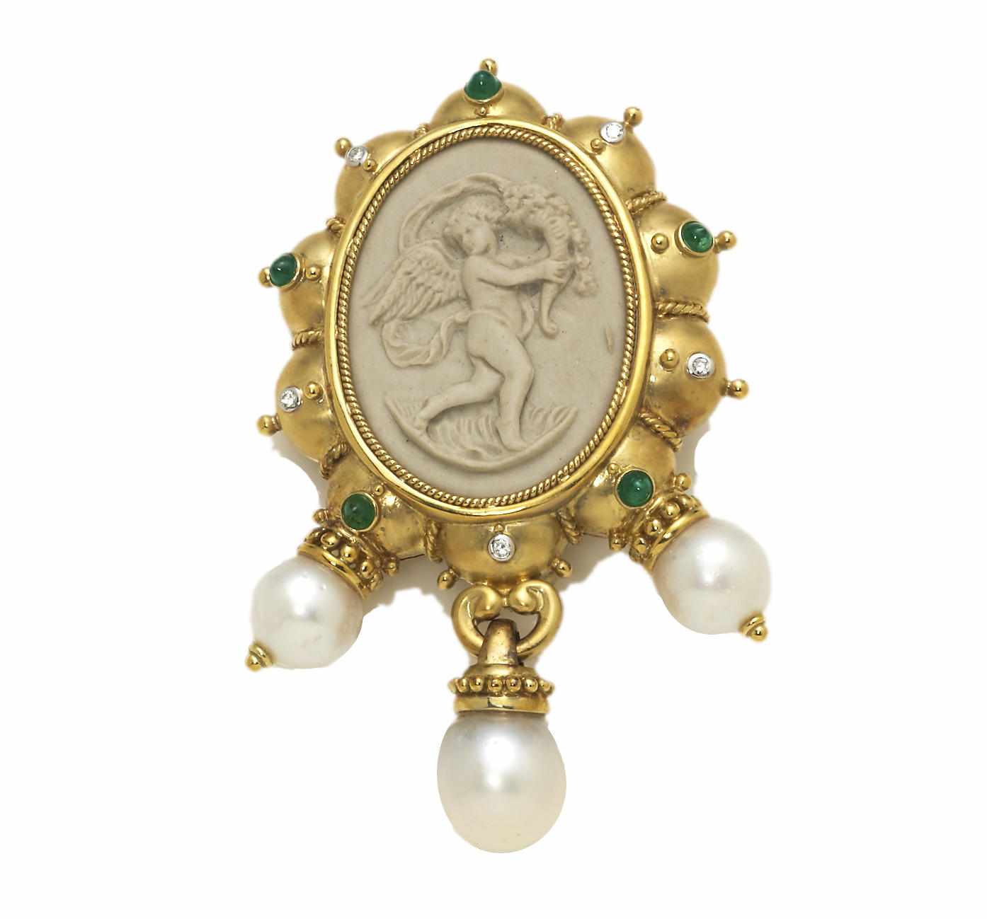 Appraisal: A lava cameo cultured pearl emerald and diamond brooch cultured