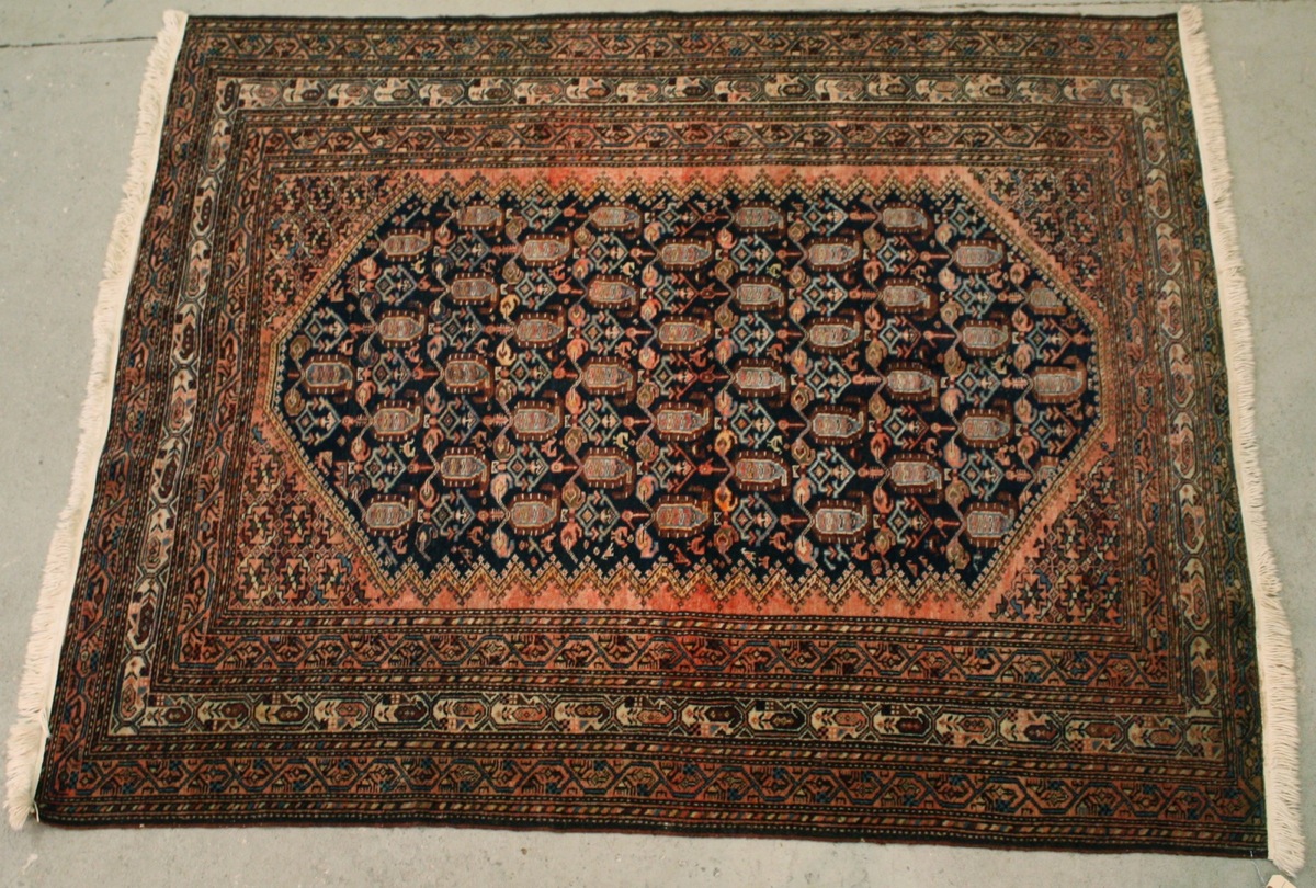 Appraisal: ORIENTAL RUG HAMADAN ' x ' Midnight-blue field with several