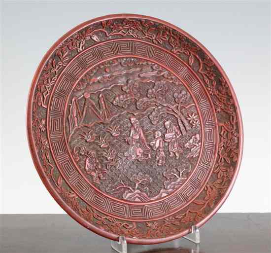 Appraisal: A Chinese cinnabar lacquer dish decorated in relief with a