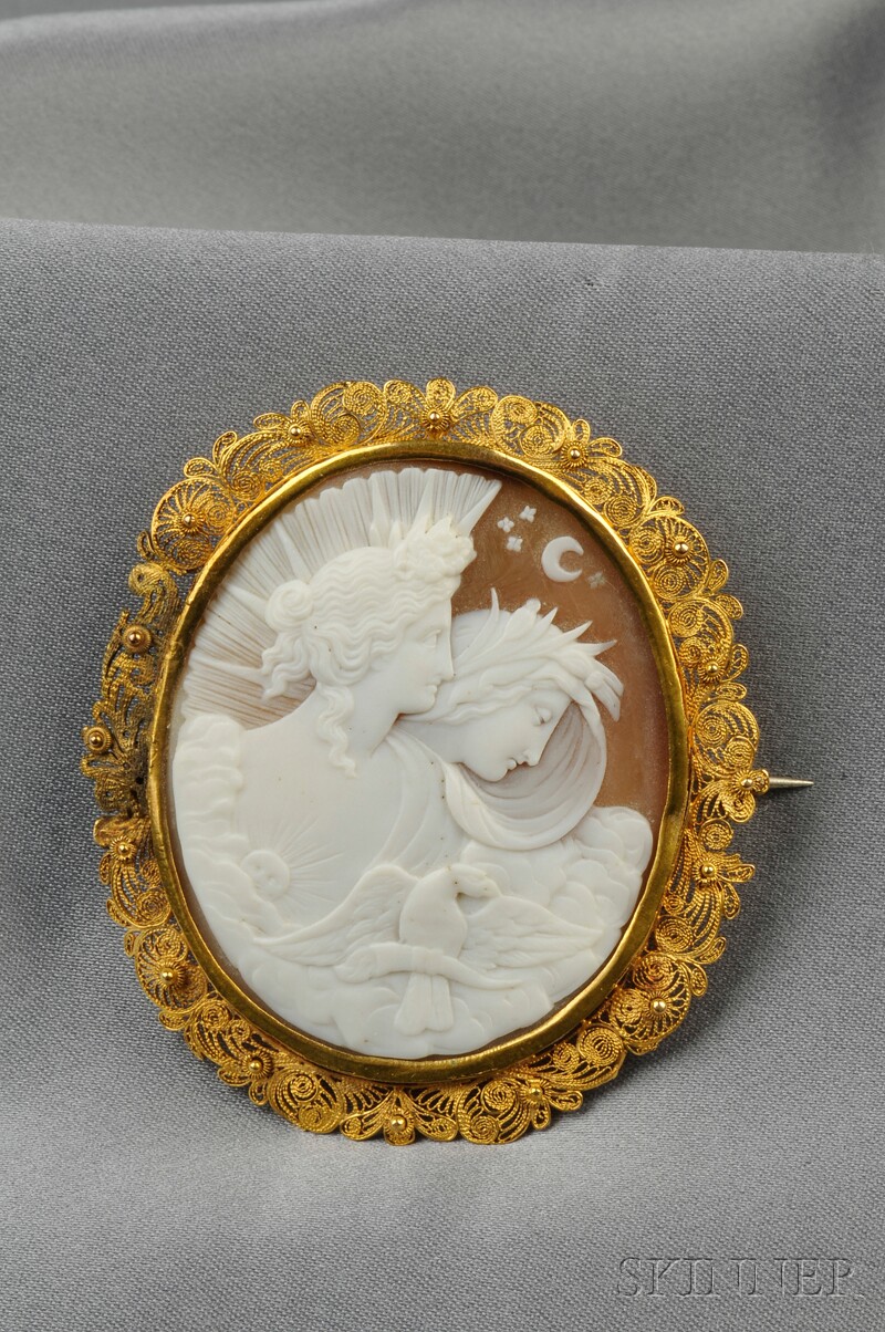 Appraisal: Antique Shell Cameo and kt Gold Canatille-work Brooch depicting Day