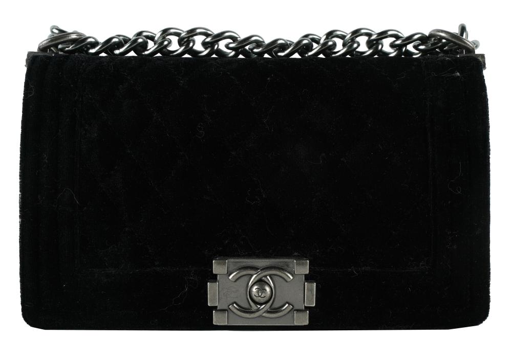 Appraisal: CHANEL BOY BLACK VELVET PEWTER HANDBAGlabel with serial number single