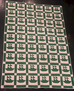 Appraisal: Hand Stitched Green and White Quilt Hand Stitched Green and