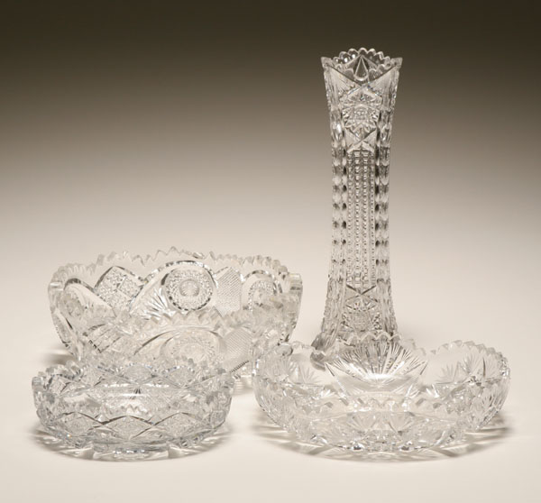 Appraisal: Three cut glass vessels and a pressed pattern glass bowl