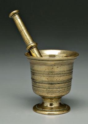 Appraisal: Bronze mortar and pestle - in bronze mortar with bands