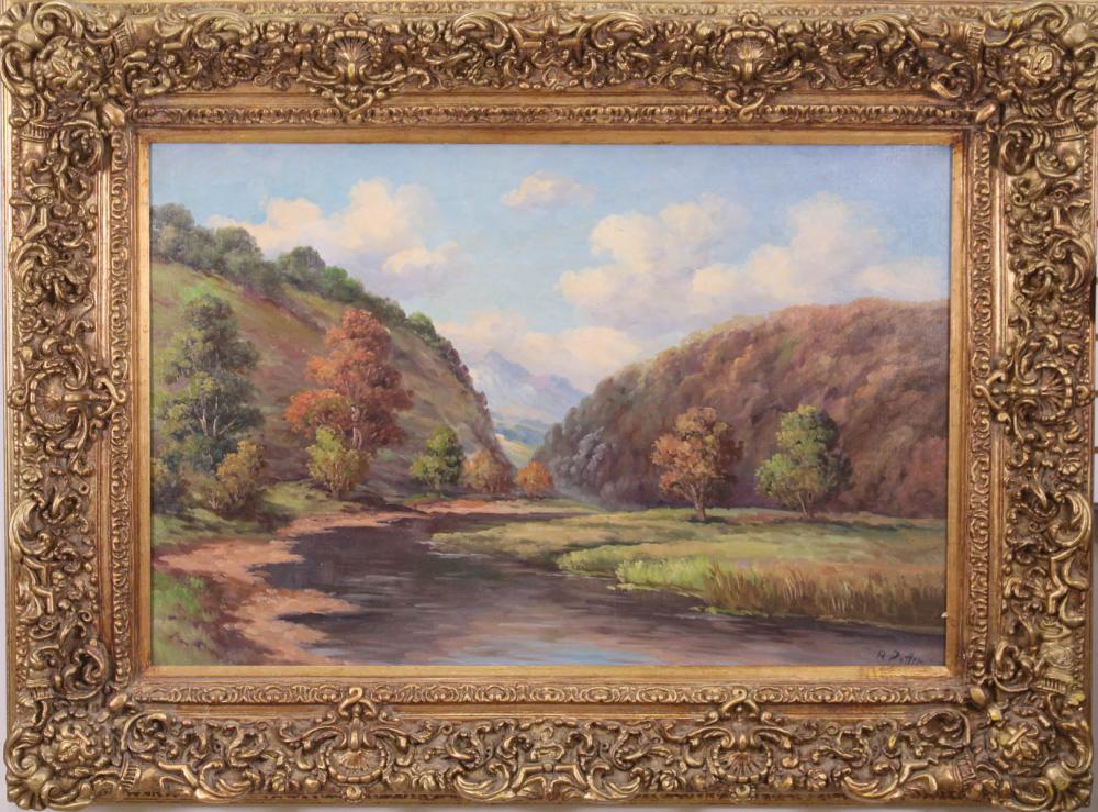 Appraisal: R POTTER OIL ON CANVAS Autumn landscape with river and