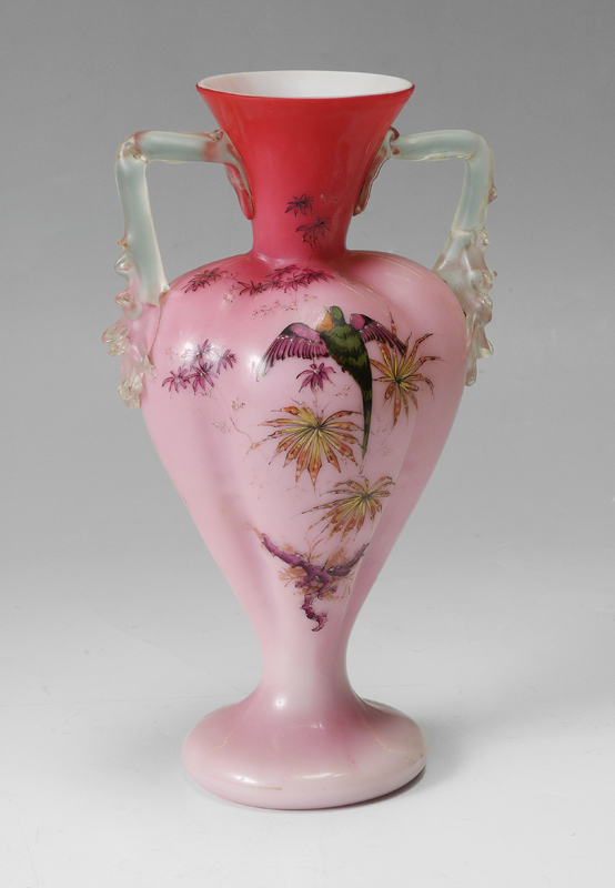 Appraisal: VICTORIAN ART GLASS VASE Enameled decoration on Peach Blow glass