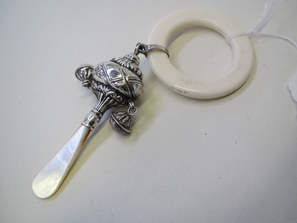 Appraisal: Silver and mother of pearl baby rattle Birmingham