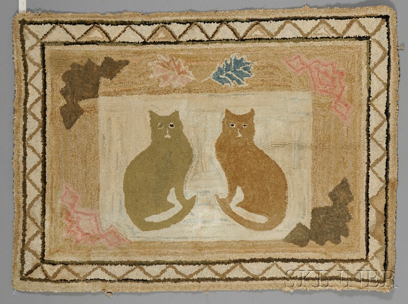 Appraisal: Figural Hooked Rug with Two Cats America late th early