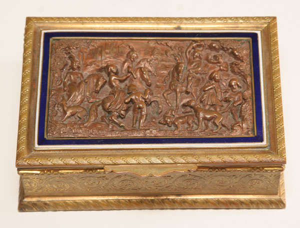 Appraisal: French th century box with medieval hunting party embossed gilt