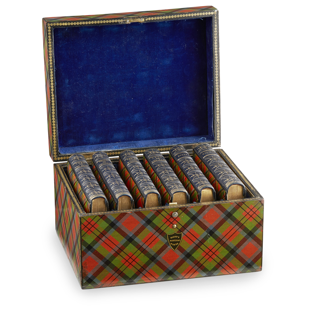 Appraisal: MAUCHLINE 'TARTAN WARE' BOOK BOX WITH VOLUMES BY SIR WALTER