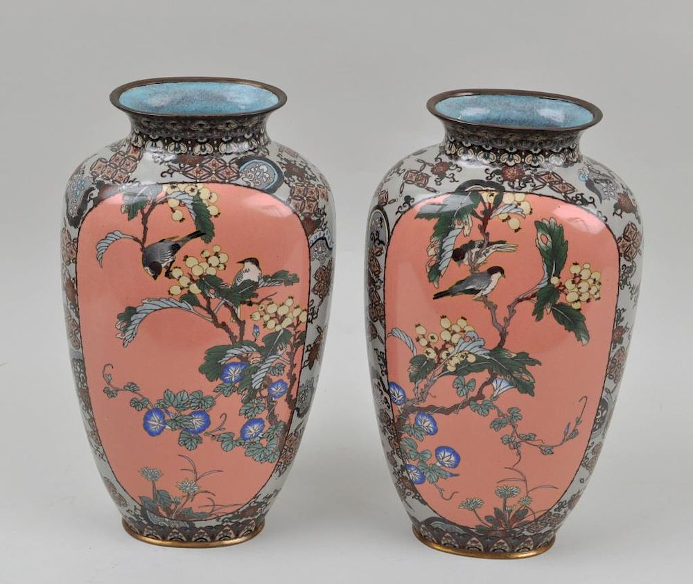 Appraisal: Pair Large Japanese Cloisonne Vases with reserves depicting birds among