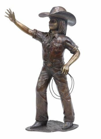 Appraisal: Large patinated bronze sculpture Young Cowgirl Holding a Lasso with