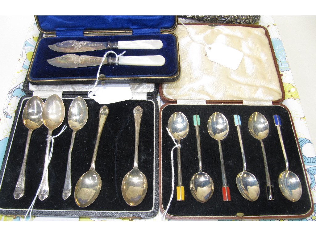 Appraisal: Lot comprising cased set silver spoons with enamel finials a