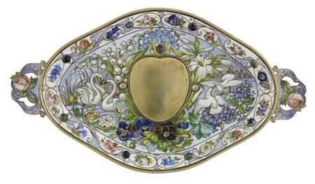 Appraisal: A Russian silver-gilt gem-set and cloisonn enamel two-handled tray Orest