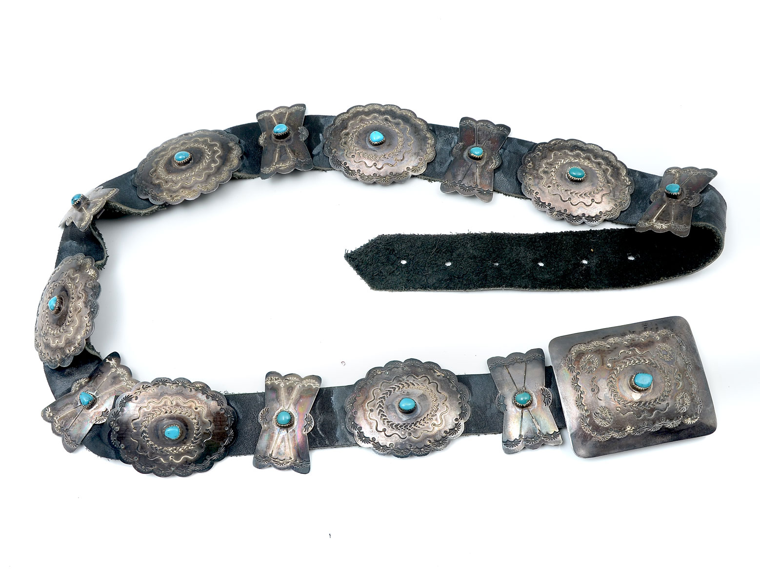 Appraisal: NATIVE AMERICAN INDIAN SILVER TURQUOISE CONCHO BELT All conchos and