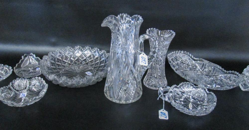 Appraisal: TEN CUT CRYSTAL TABLEWARE PIECES centerpiece shallow bowl D pitcher