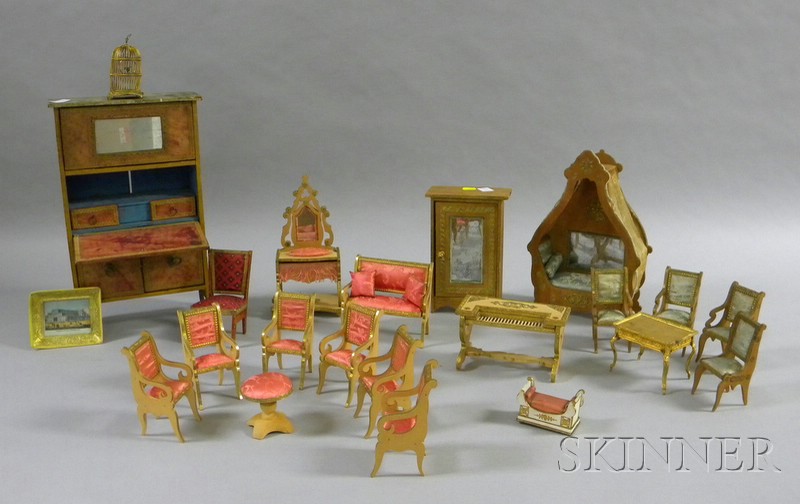 Appraisal: Twenty-two Pieces of French-style Upholstered and Gilt-metal Mounted Wooden Dollhouse