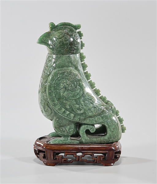 Appraisal: Chinese carved aventurine bird-form covered vessel with stand x x