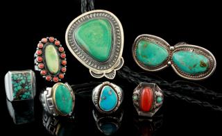 Appraisal: SIX NAVAJO STERLING TURQUOISE RINGS AND BOLO TIE Bolo tie