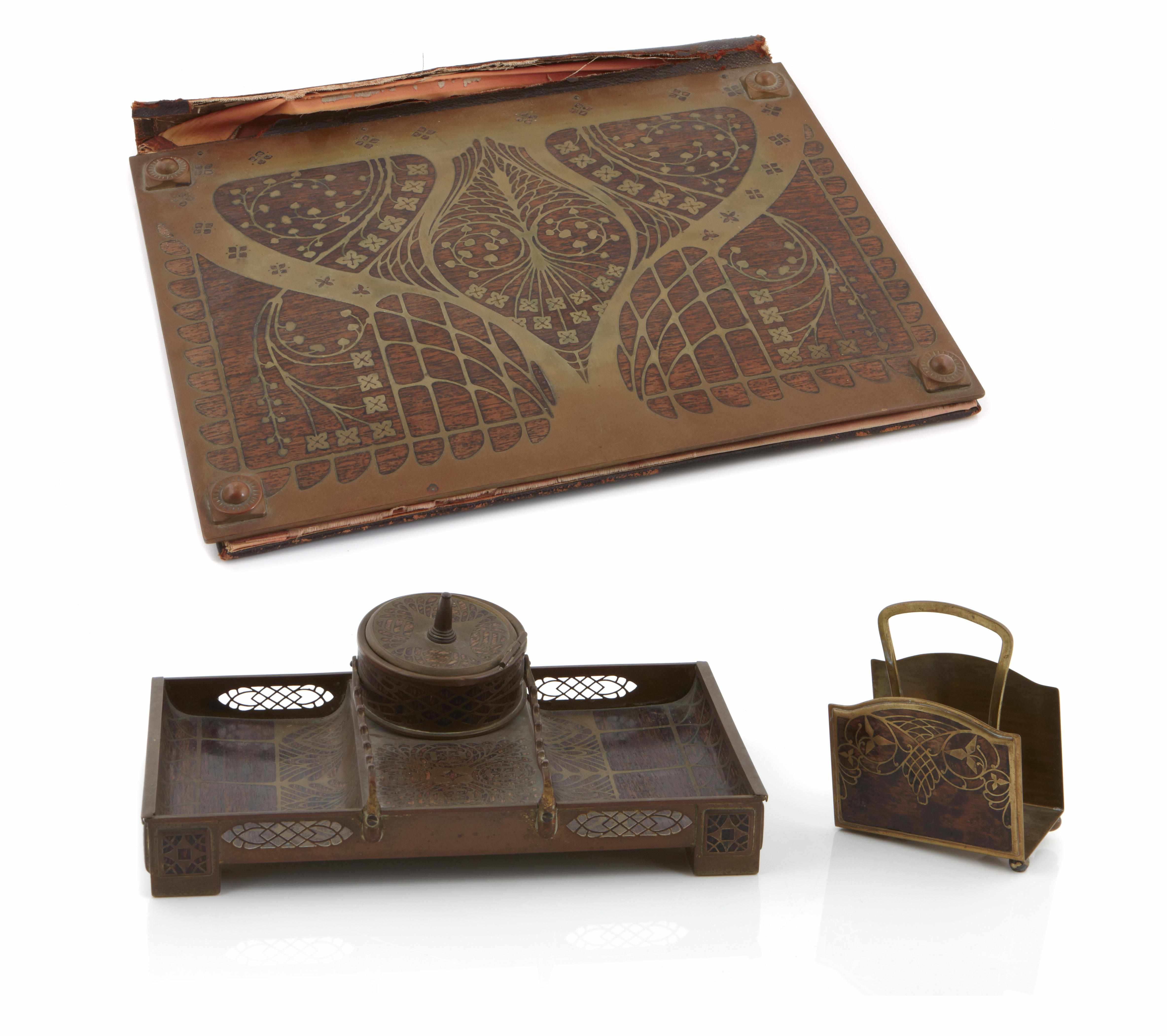 Appraisal: An Art Nouveau brass and burl walnut three-piece desk set