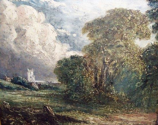 Appraisal: Continental SchoolWooded Landscape with church in the distance oil on