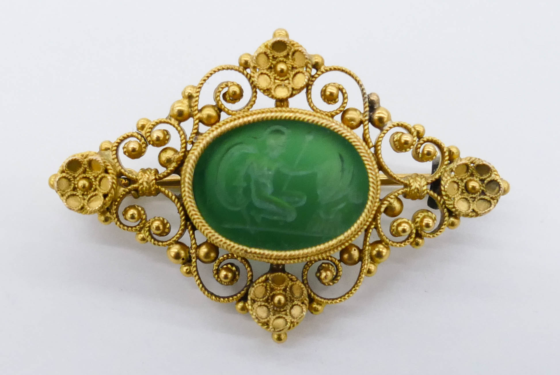 Appraisal: Victorian k Roman Intaglio Filigree Brooch '' Includes a green