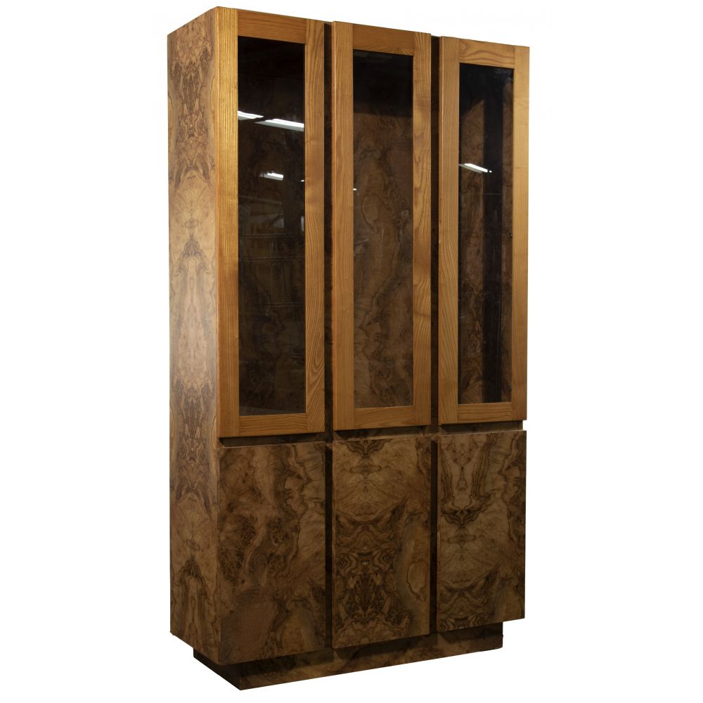 Appraisal: MCM DISPLAY CABINETUnmarked faux burl laminated particle board construction having