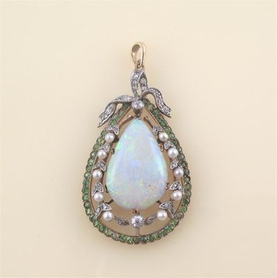 Appraisal: A Belle Epoch opal pearl and diamond pendant the pear