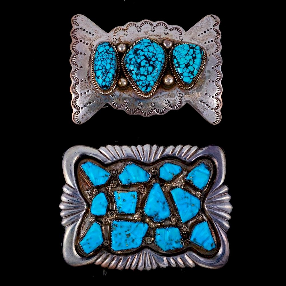 Appraisal: NAVAJO BELT BUCKLES Two Vintage old pawn turquoise and silver