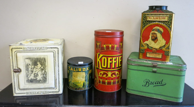 Appraisal: FIVE LARGE COLLECTIBLE TINS square El Cafeto coffee bean tin